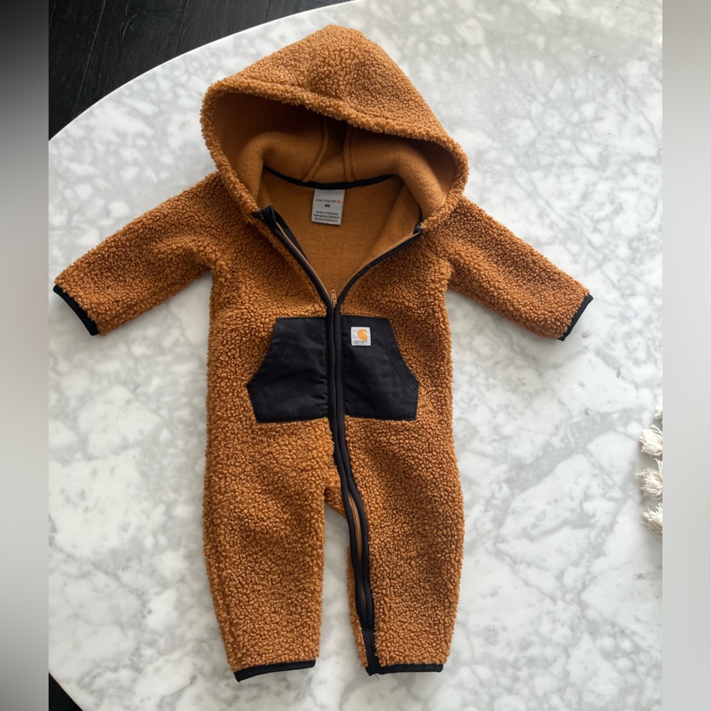 NWOT Carhartt Tan Hooded Baby Onesie with Black Details